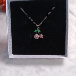 Cherry Pendant Necklace with Pink and Green Accents